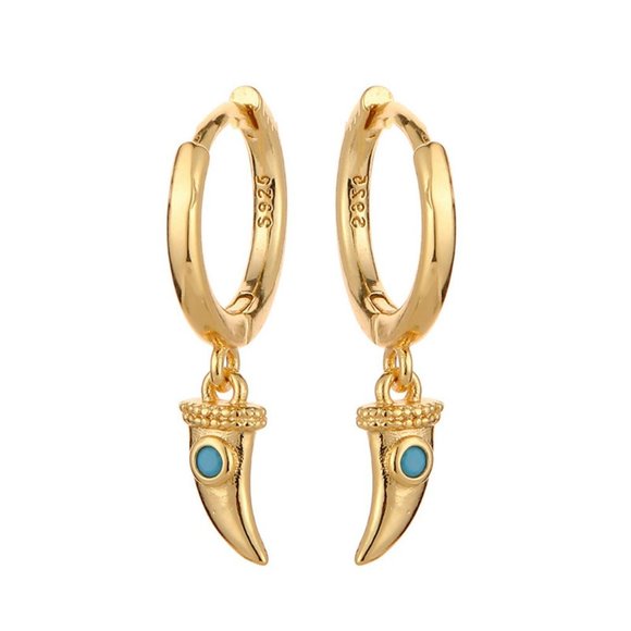 #NEW 925 Sterling Silver Turquoise Horn Drop Round Hoop Earrings - Picture 4 of 7